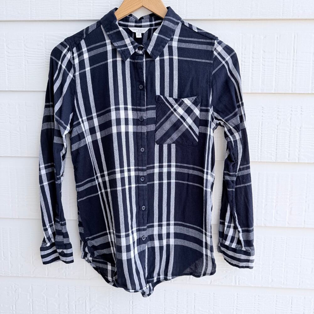 Lucky Brand Plaid Button Up Sm Navy White Roll Tab Sleeves Americana Casual